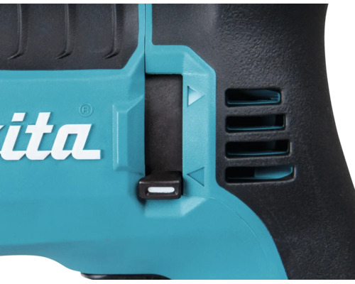 Detailansicht eines Makita Elektrowerkzeugs mit dem Umschalter für die Drehrichtung und dem Makita Logo.