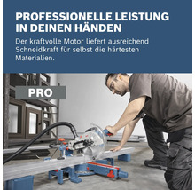 Ein Handwerker schneidet ein Metallprofil mit einer Bosch Kapp- und Gehrungssäge zur professionellen Bearbeitung harter Materialien.