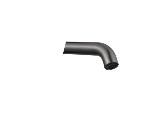 Gebogener dunkel metallischer Auslauf für eine Armatur mit integriertem Strahlregler.