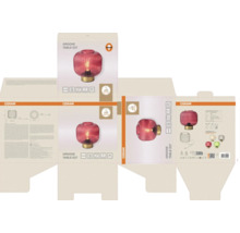 Verpackung der Osram Tischleuchte Groove Table E27 aus rosa geriffeltem Glas mit goldfarbenem Sockel, technischen Daten und Osram Logo.