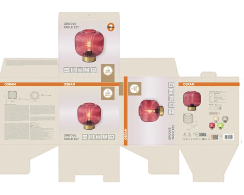 Verpackung der Osram Tischleuchte Groove Table E27 aus rosa geriffeltem Glas mit goldfarbenem Sockel, technischen Daten und Osram Logo.