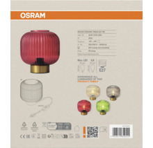 OSRAM Logo. Tischleuchte aus geriffeltem Glas mit Metallsockel, E27-Fassung, Schutzart IP20 und technischen Daten.