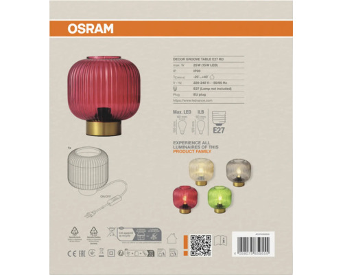 OSRAM Logo. Tischleuchte aus geriffeltem Glas mit Metallsockel, E27-Fassung, Schutzart IP20 und technischen Daten.