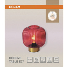 Osram Logo. Osram Groove Tischleuchte E27, Glasschirm, Metallsockel. Dekor. Glas, maximal 15 Watt, Schalter, ohne Leuchtmittel, 5 Jahre Garantie.