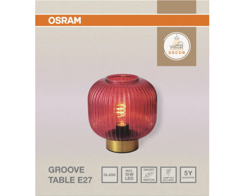 Osram Logo. Osram Groove Tischleuchte E27, Glasschirm, Metallsockel. Dekor. Glas, maximal 15 Watt, Schalter, ohne Leuchtmittel, 5 Jahre Garantie.