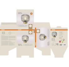 Verpackung der Tischleuchte Osram Groove Table E27 mit geriffeltem Glasschirm, goldenem Sockel, Osram Logo und Produktinformationen.