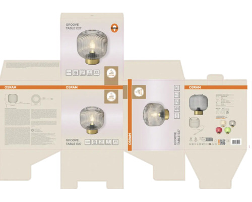 Verpackung der Tischleuchte Osram Groove Table E27 mit geriffeltem Glasschirm, goldenem Sockel, Osram Logo und Produktinformationen.