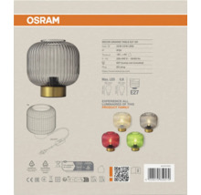 OSRAM Logo. Rückseite der Verpackung der Tischleuchte Decor Groove Table E27 mit technischen Daten, Maßzeichnungen und Produktvarianten.