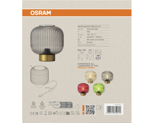 OSRAM Logo. Rückseite der Verpackung der Tischleuchte Decor Groove Table E27 mit technischen Daten, Maßzeichnungen und Produktvarianten.