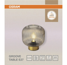 Osram Logo. Tischleuchte Groove Table E27, geriffeltes Glas. Glas, maximal 15 Watt LED, Ein-Aus-Schalter, ohne Leuchtmittel, 5 Jahre Garantie.