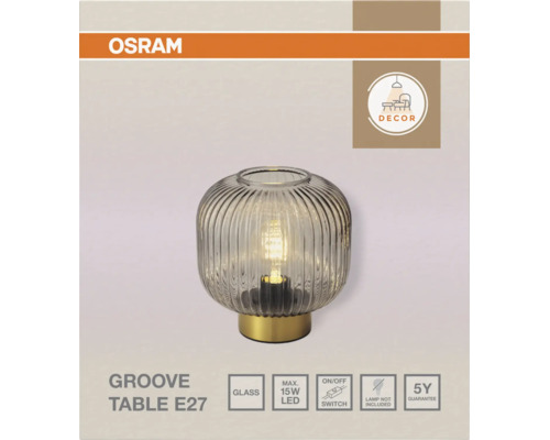 Osram Logo. Tischleuchte Groove Table E27, geriffeltes Glas. Glas, maximal 15 Watt LED, Ein-Aus-Schalter, ohne Leuchtmittel, 5 Jahre Garantie.