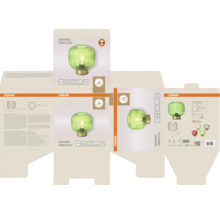 Osram Logo und Verpackung der Groove Table E27 Tischleuchte aus grünem geriffeltem Glas. Symbole für Glas, LED, Schalter und 5 Jahre Garantie.