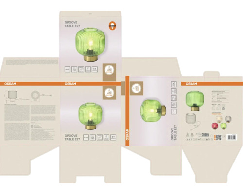Osram Logo und Verpackung der Groove Table E27 Tischleuchte aus grünem geriffeltem Glas. Symbole für Glas, LED, Schalter und 5 Jahre Garantie.