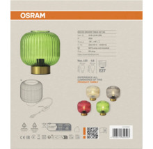 Osram Logo. Rückseite der Verpackung der grünen Decor Groove Table Tischleuchte mit technischen Daten, Maßzeichnungen und weiteren Modellfarben.