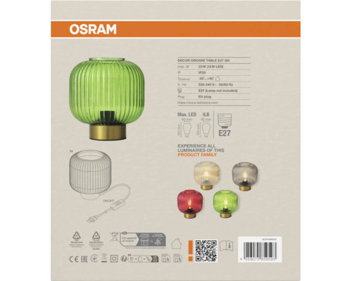 Osram Logo. Rückseite der Verpackung der grünen Decor Groove Table Tischleuchte mit technischen Daten, Maßzeichnungen und weiteren Modellfarben.