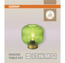 Tischleuchte Osram Groove mit geriffeltem grünem Glasschirm und goldenem Metallsockel, E27-Fassung, maximal 15 Watt LED.