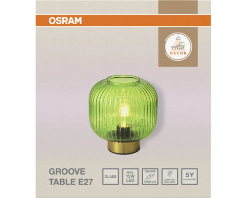 Tischleuchte Osram Groove mit geriffeltem grünem Glasschirm und goldenem Metallsockel, E27-Fassung, maximal 15 Watt LED.