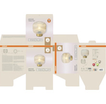 Osram Logo auf Verpackung für Tischleuchte Groove mit E27 Fassung, geriffeltem Glasschirm, Schalter und fünf Jahren Garantie.