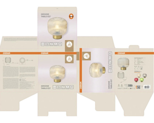 Osram Logo auf Verpackung für Tischleuchte Groove mit E27 Fassung, geriffeltem Glasschirm, Schalter und fünf Jahren Garantie.