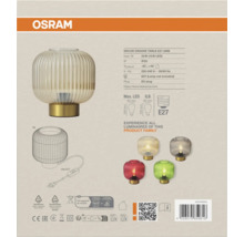 Osram Decor Groove Tischleuchte E27 mit geriffeltem Glas, technischen Daten, Produktfamilien-Übersicht und Entsorgungssymbolen.