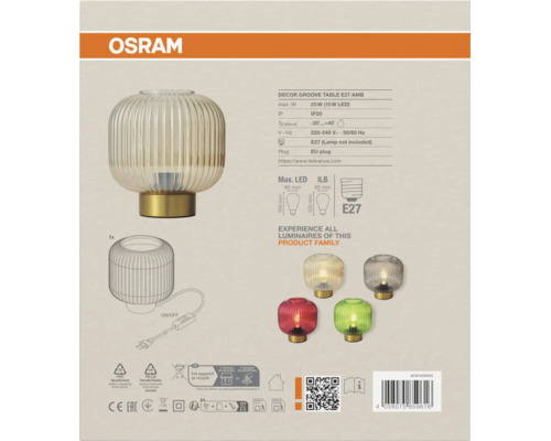 Osram Decor Groove Tischleuchte E27 mit geriffeltem Glas, technischen Daten, Produktfamilien-Übersicht und Entsorgungssymbolen.