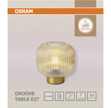 OSRAM Groove Tischleuchte E27, geriffeltes Glas, goldener Fuß, maximal 15 Watt LED, ohne Leuchtmittel, Schalter, 5 Jahre Garantie, OSRAM Logo.