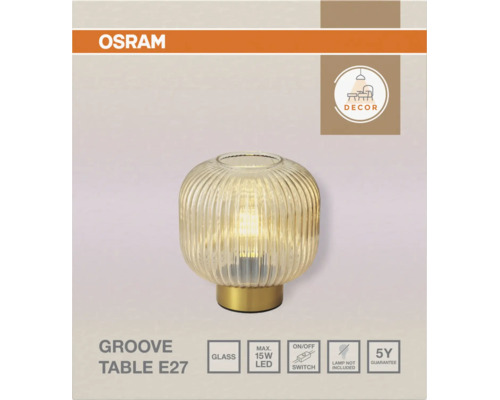 OSRAM Groove Tischleuchte E27, geriffeltes Glas, goldener Fuß, maximal 15 Watt LED, ohne Leuchtmittel, Schalter, 5 Jahre Garantie, OSRAM Logo.
