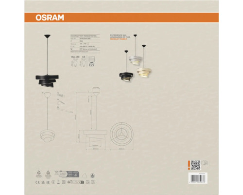 Osram Logo, technische Daten und Maße der Pendelleuchte Decor Glittery mit E27 Fassung, Schutzart IP20 und maximal 25 Watt Leistung.