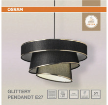 Osram Pendelleuchte Glittery mit E27 Fassung, dreistufiger Textilschirm in Schwarz mit Goldrand, maximal 15 Watt LED.