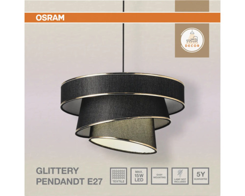 Osram Pendelleuchte Glittery mit E27 Fassung, dreistufiger Textilschirm in Schwarz mit Goldrand, maximal 15 Watt LED.
