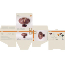 Verpackungslayout für die Osram Flora Table E27 Tischleuchte mit verschiedenen Ansichten der runden, gerippten Leuchte und dem Osram Logo.