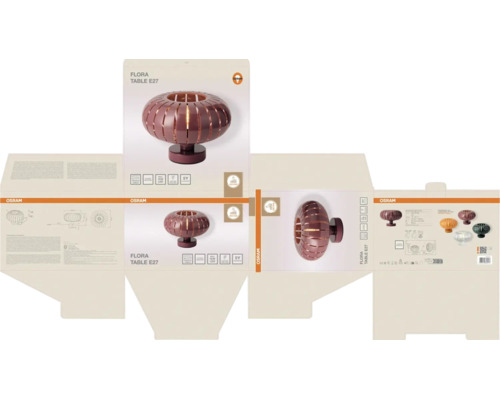Verpackungslayout für die Osram Flora Table E27 Tischleuchte mit verschiedenen Ansichten der runden, gerippten Leuchte und dem Osram Logo.