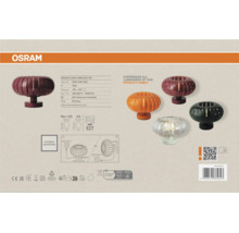 OSRAM Logo. Produktübersicht der Tischleuchtenserie DECOR FLORA mit E27 Fassung, Schutzart IP20, flexibler Montage und maximal 25 Watt.