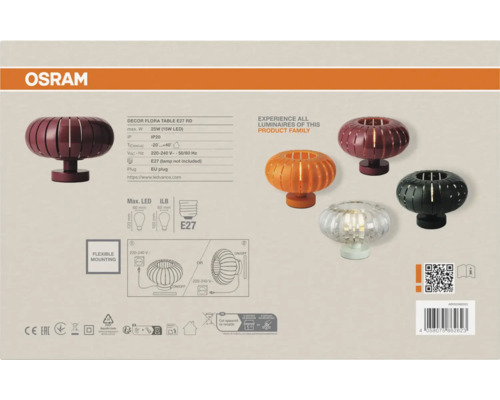 OSRAM Logo. Produktübersicht der Tischleuchtenserie DECOR FLORA mit E27 Fassung, Schutzart IP20, flexibler Montage und maximal 25 Watt.