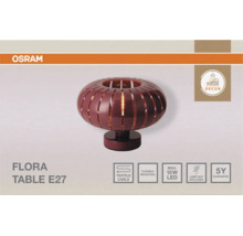 Osram Logo. Tischleuchte Flora E27. Lamellenschirm. Symbole für Textilkabel, Montage, 15 Watt LED, ohne Leuchtmittel, 5 Jahre Garantie.