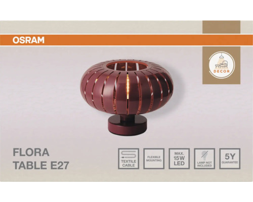 Osram Logo. Tischleuchte Flora E27. Lamellenschirm. Symbole für Textilkabel, Montage, 15 Watt LED, ohne Leuchtmittel, 5 Jahre Garantie.