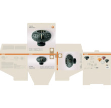 Verpackungslayout der Tischleuchte OSRAM Flora Table E27 mit Abbildungen der Lampe, technischen Symbolen und dem OSRAM Logo.