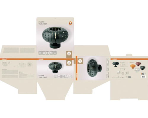 Verpackungslayout der Tischleuchte OSRAM Flora Table E27 mit Abbildungen der Lampe, technischen Symbolen und dem OSRAM Logo.