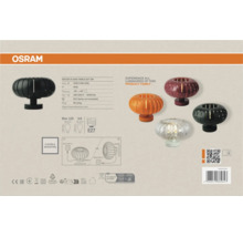Osram Logo. Tischleuchte Decor Flora mit Fassung E27, Abbildungen verschiedener Ausführungen, technische Daten und Montagehinweise.