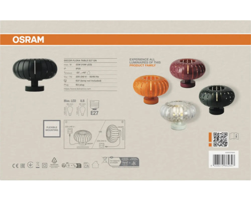 Osram Logo. Tischleuchte Decor Flora mit Fassung E27, Abbildungen verschiedener Ausführungen, technische Daten und Montagehinweise.
