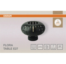 OSRAM Logo, runde schwarze Tischleuchte Flora, E27 Fassung, Textilkabel, flexible Montage, maximal 15 Watt LED, ohne Leuchtmittel, 5 Jahre Garantie.
