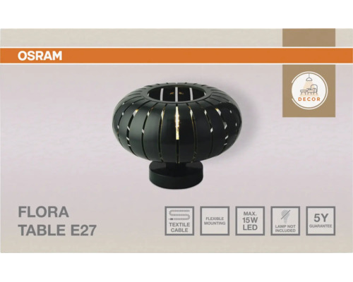 OSRAM Logo, runde schwarze Tischleuchte Flora, E27 Fassung, Textilkabel, flexible Montage, maximal 15 Watt LED, ohne Leuchtmittel, 5 Jahre Garantie.
