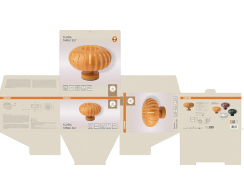 Osram Tischleuchte Flora E27 Verpackung mit Abbildungen der Leuchte, Hinweisen zu Textilkabel, maximal 15 Watt LED und Osram Logo.