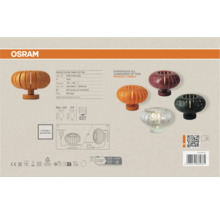 Osram Logo und Verpackungsrückseite der Tischleuchte Decor Flora E27 mit technischen Daten, Montageskizzen und weiteren Produktvarianten.