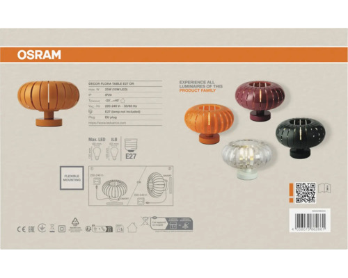 Osram Logo und Verpackungsrückseite der Tischleuchte Decor Flora E27 mit technischen Daten, Montageskizzen und weiteren Produktvarianten.