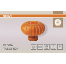 Osram Logo, orangefarbene Flora E27 Tischleuchte mit geripptem Schirm, Textilkabel, flexible Montage, maximal 15 Watt LED, 5 Jahre Garantie.
