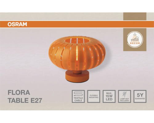 Osram Logo, orangefarbene Flora E27 Tischleuchte mit geripptem Schirm, Textilkabel, flexible Montage, maximal 15 Watt LED, 5 Jahre Garantie.