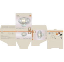 Verpackung der Osram Flora Tischleuchte E27 aus Glas mit geriffeltem Schirm, technischen Daten, Symbol für fünf Jahre Garantie und Osram Logo.