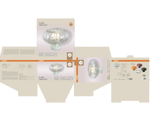 Verpackung der Osram Flora Tischleuchte E27 aus Glas mit geriffeltem Schirm, technischen Daten, Symbol für fünf Jahre Garantie und Osram Logo.
