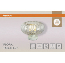 Osram Logo. Tischleuchte Flora mit geriffeltem Glasschirm und E27 Fassung. Textilkabel, flexible Montage, maximal 15 Watt LED, 5 Jahre Garantie.